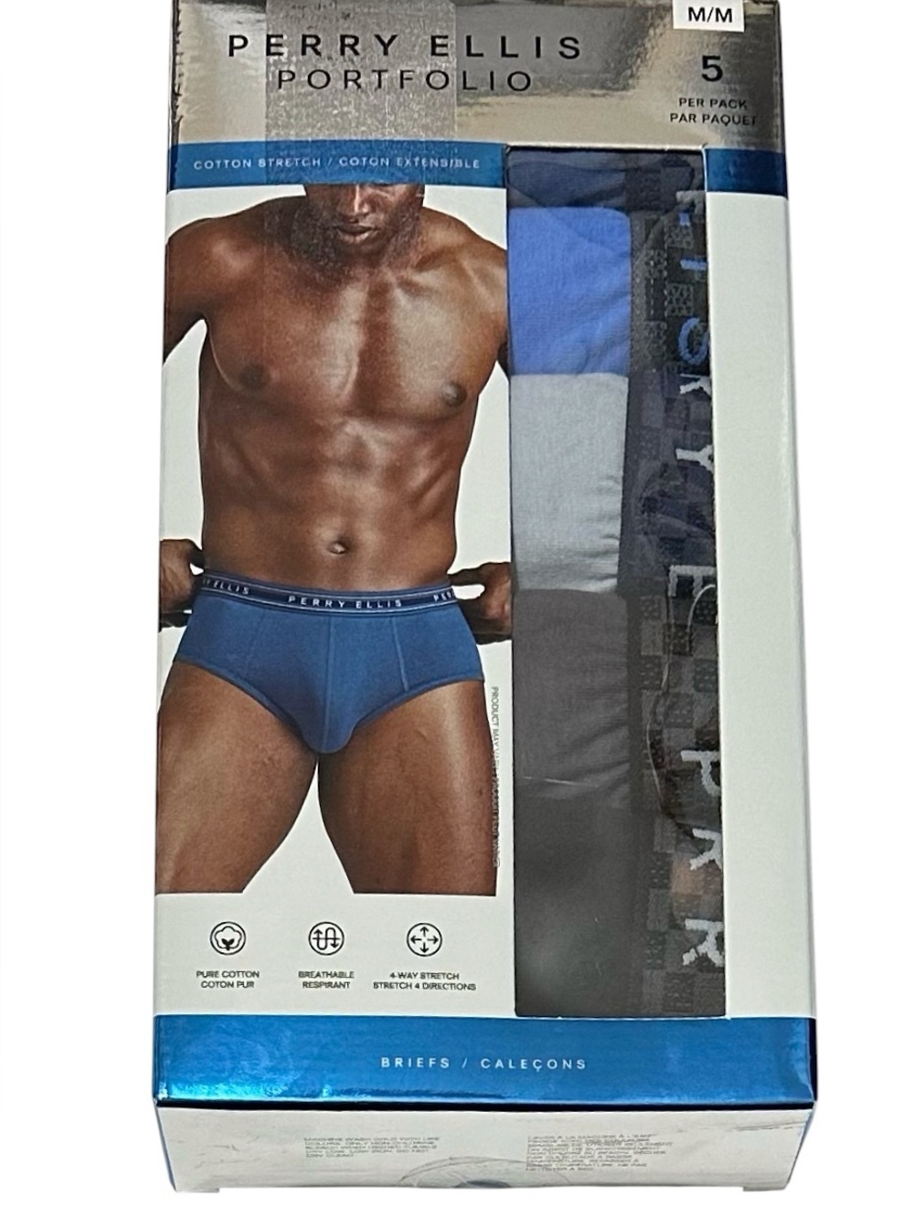 Perry Ellis Men's 5 Cotton Stretch Briefs Medium (32-34) Blue/Gray/Black